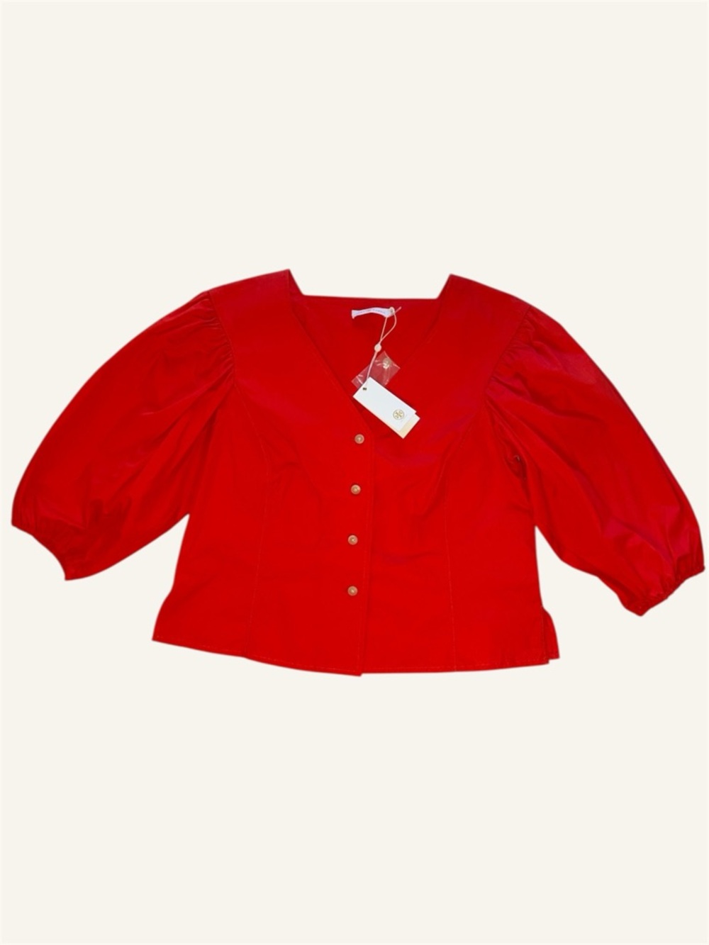 Tory Burch Red Cotton Puff Sleeve Button Up Blouse